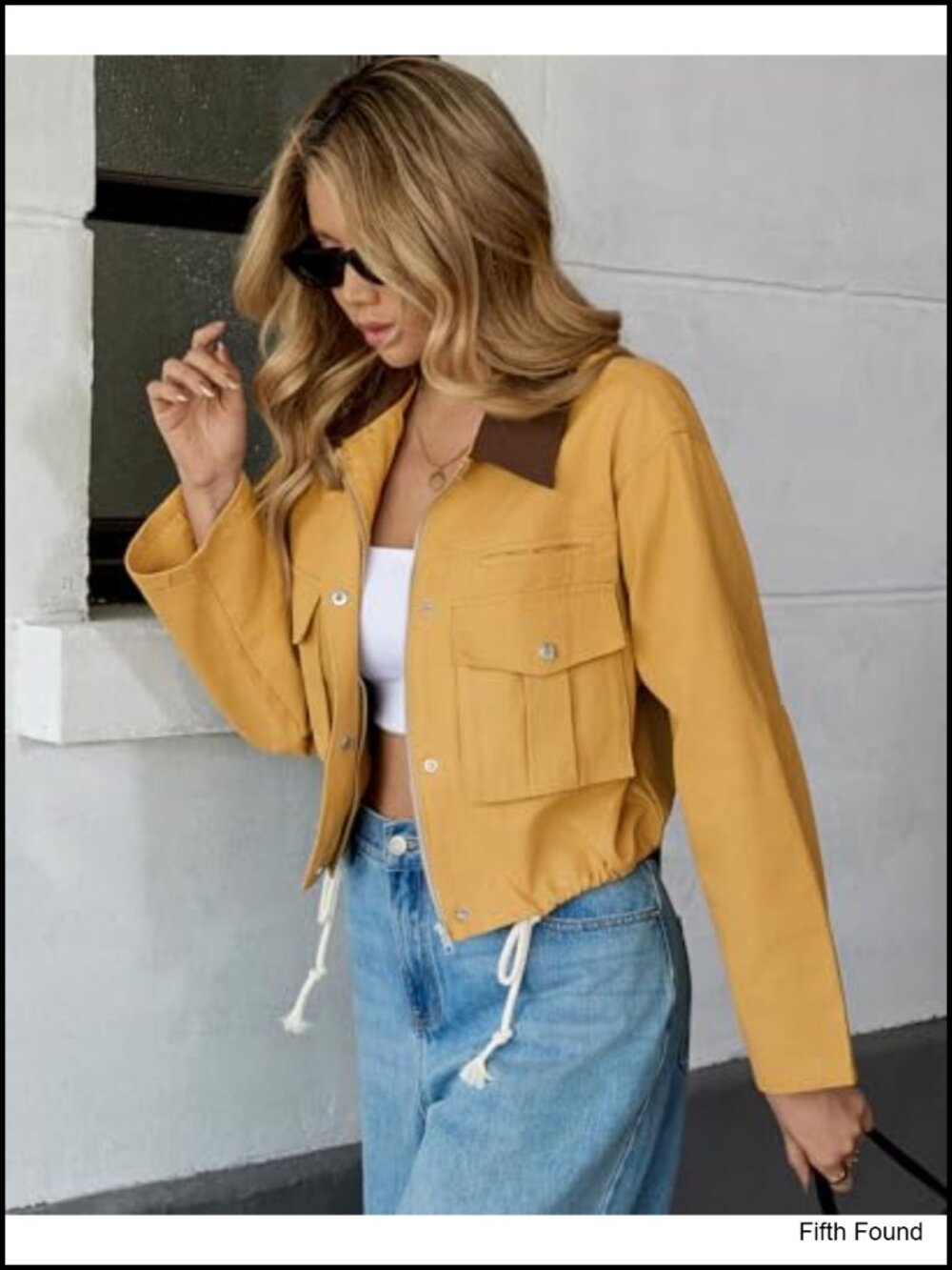 Cropped Cotton Utility Jacket with Contrast Collar Button Down Lightweight - Picture 5 of 6